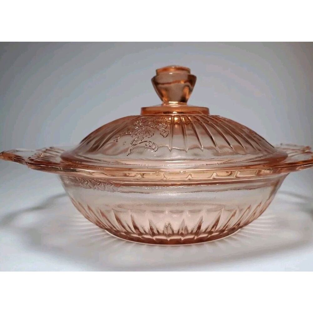 Vtg 1930s Anchor Hocking Rose Pink Depression Glass Mayfair Handled Covered Dish